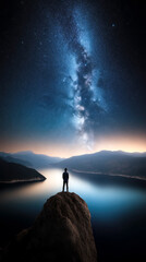 cinematic photo of man on cliff watching the horizon night sky, shooting stars space milkyway...