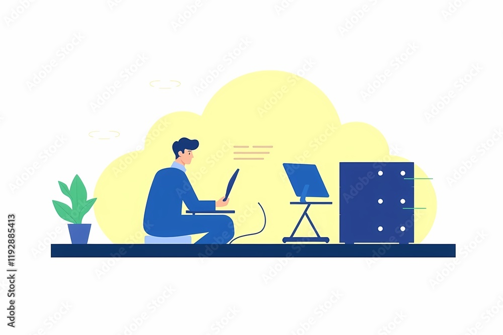 Poster remote worker: a stylized illustration of a person working remotely from home, seated on a cushion, 