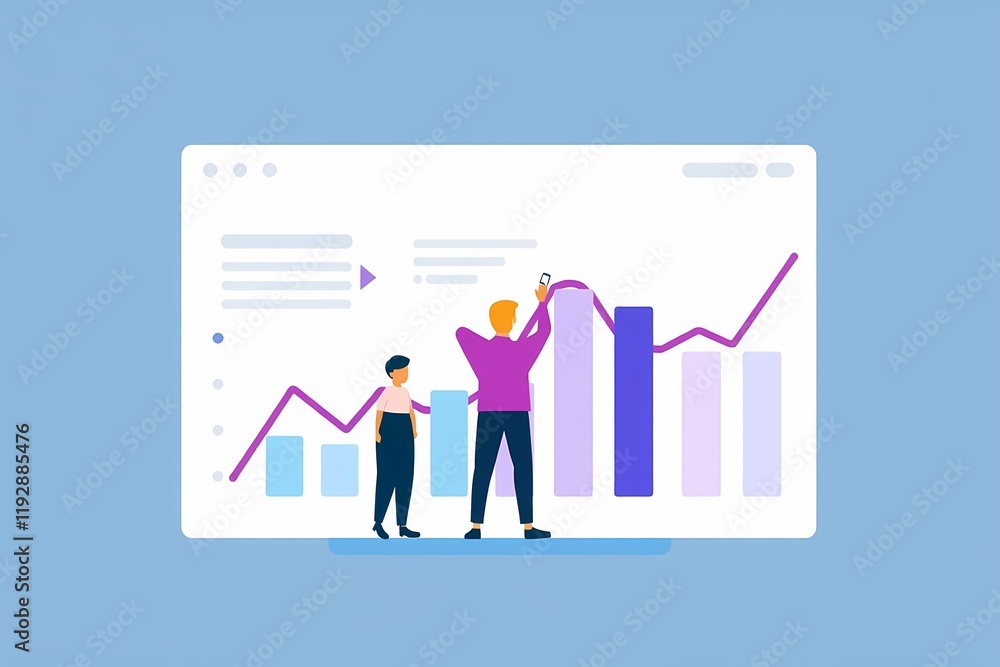 Aufkleber upward trend: two figures stand in front of a large computer screen, a visual representation of thei