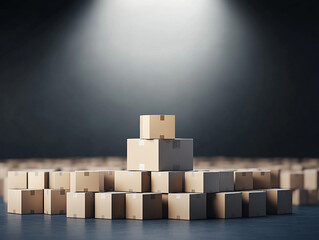 Boxes arranged in a pyramid under spotlight in a dark setting.