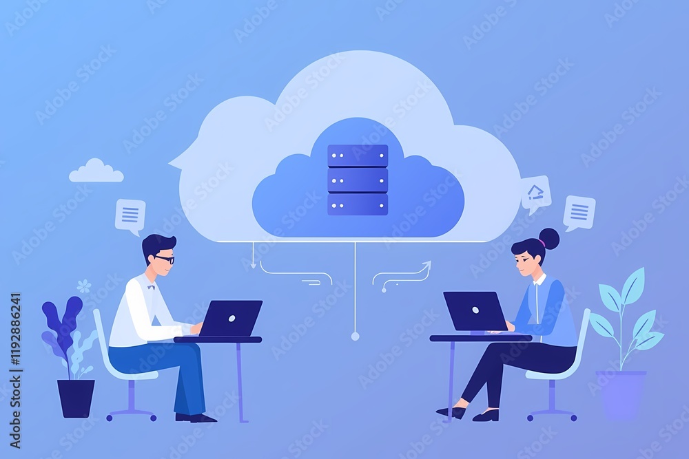 Poster cloud computing collaboration: two professionals collaborate seamlessly via cloud computing, symboli
