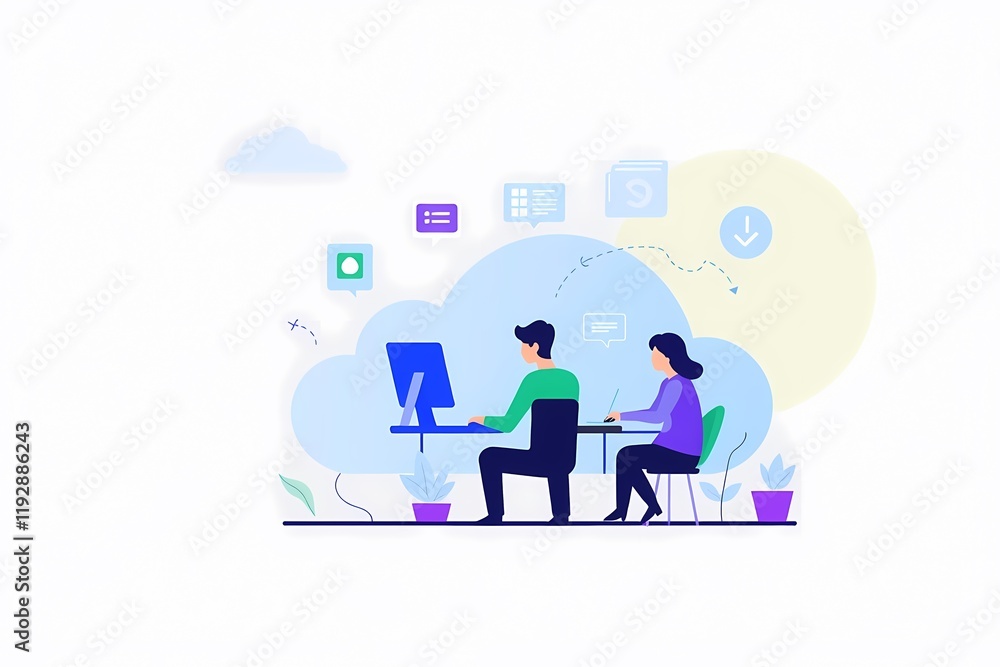 Aufkleber collaborative teamwork: a stylized illustration of two individuals working together on a computer, s