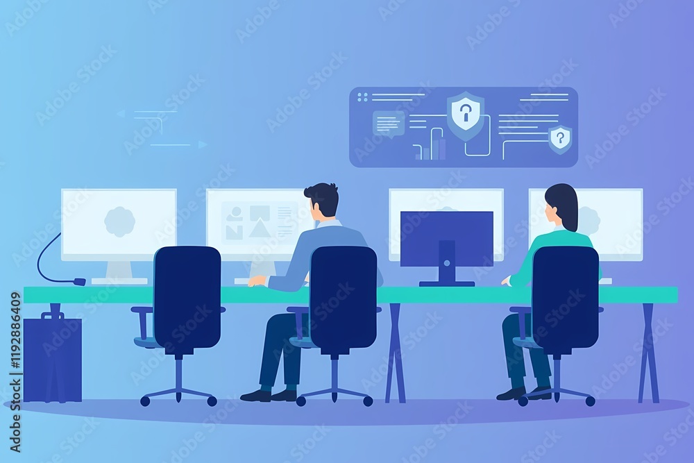 Poster cybersecurity professionals at work: two cybersecurity professionals work diligently at their comput