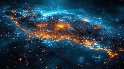 Obraz premium Aerial night view of city lights, glowing network.