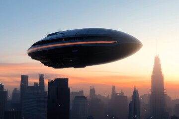 Fototapeta premium UFO hovers over a bustling city skyline at sunset, creating an intriguing atmosphere and sparking curiosity among onlookers