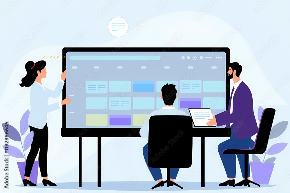 Poster planning the week ahead: a diverse team of professionals collaborate on a schedule, utilizing a larg