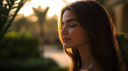 
a closeup of a beautiful girl soaking in the sun in the greens at masdar city, abu dhabi, nature inspires, resort like vibe, she looks rich and premium, high fashion, massimo dutyi vibe, resort and i