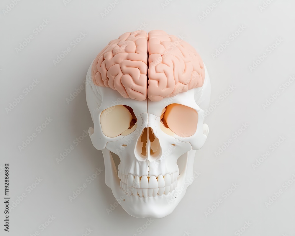 Aufkleber human skull split open to reveal layers of the brain, anatomical precision with vibrant color-coded 