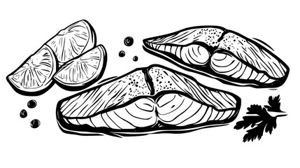 Collection of Grilled Salmon icons, Grilled Salmon vectorized seamless pattern