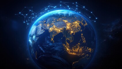 Stunning Satellite View of Earth at Night with Illuminated Cities and Global Connectivity in Beautiful Space Background