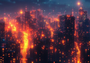 Fototapeta premium Stunning Nighttime Cityscape with Glowing Lights and Dynamic Energy, Capturing the Vibrant Pulse of an Urban Metropolis under a Starry Sky