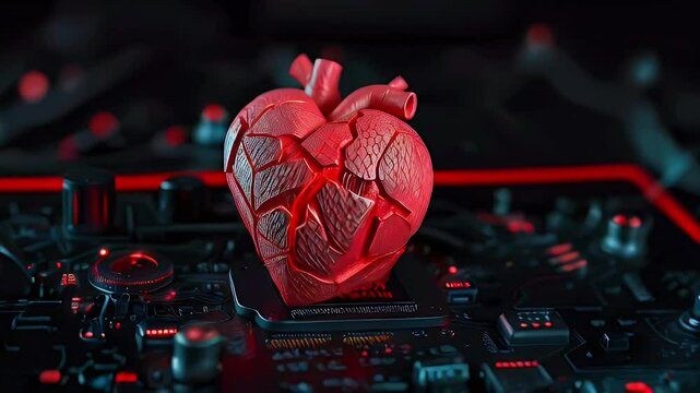 A stylized red heart model on a dark, tech-inspired background.