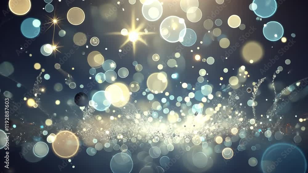 Poster effect of bright bokeh lights and shimmering droplets create dreamy, magical atmosphere with sparkli