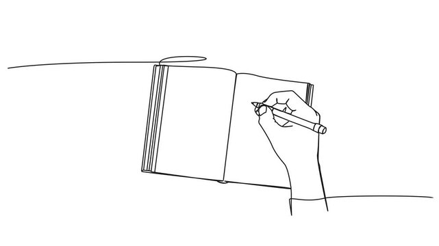 animated continuous line drawing of hand writing in diary or journal, line art animation