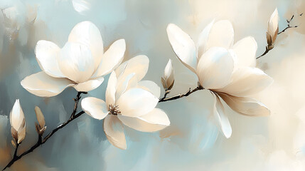 Create an impressionism painting of blooming magnolia elegance using a neutral color palette. Incorporate soft lighting and delicate details with bold, clearly visible brushstrokes and distinct layer