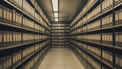 Rows of organized files line the archive storage room
