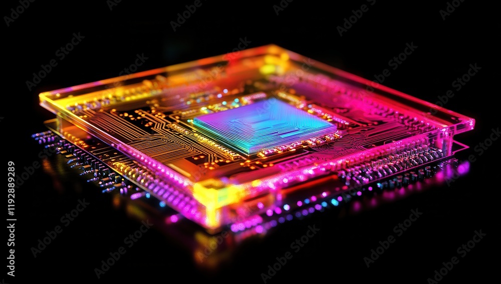 Poster vibrant abstract close-up of a colorful microchip with circuitry on a black background, perfect for 