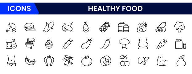Nutrition set of web icons in line style. Healthy food linear icon collection. Containing food, vegetables, water, palm oil free, сaunt calories, zero trans fat, probiotics and more.