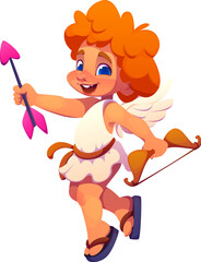 Cartoon Cupid angel character, vector Valentine Day, wedding and marriage personage. Love holiday cute Cherub or Eros baby angel with heart arrow, bow and wings. Little Cupid, Valentine Day character