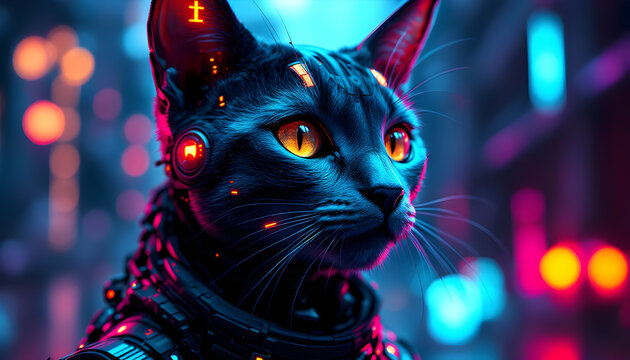 Futuristic Cybernetic Cat in Neon Cityscape Illuminated by Urban Lights and Technology