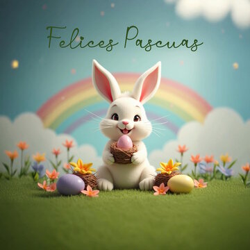 Carte postale affiche carte de voeux format carr&eacute;, en espagnol, pour souhaiter des Joyeuses Paques, en douceur avec un lapin sympa, des oeufs et des fleurs de printemps