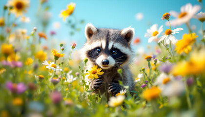Obraz premium Adorable Young Raccoon Surrounded by Vibrant Wildflowers in a Sunny Meadow Setting