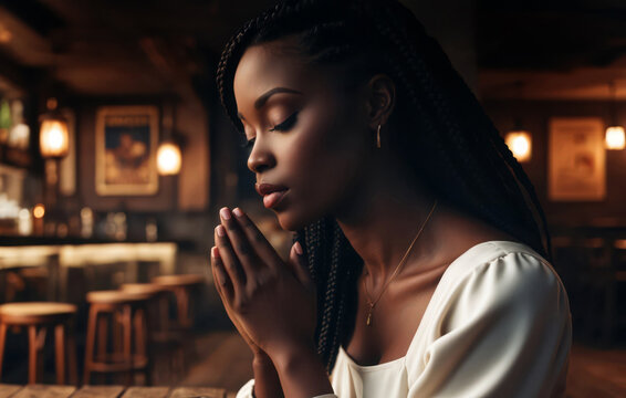 photorealistic illustration of beautiful young black woman praying and hoping, Christian religious concept 