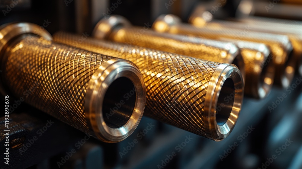 Poster close-up view of intricate industrial metal components with unique textured designs showcasing preci