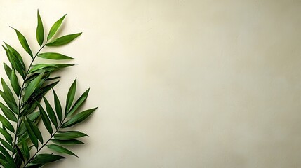 Lush green leaves on beige background, space for text.
