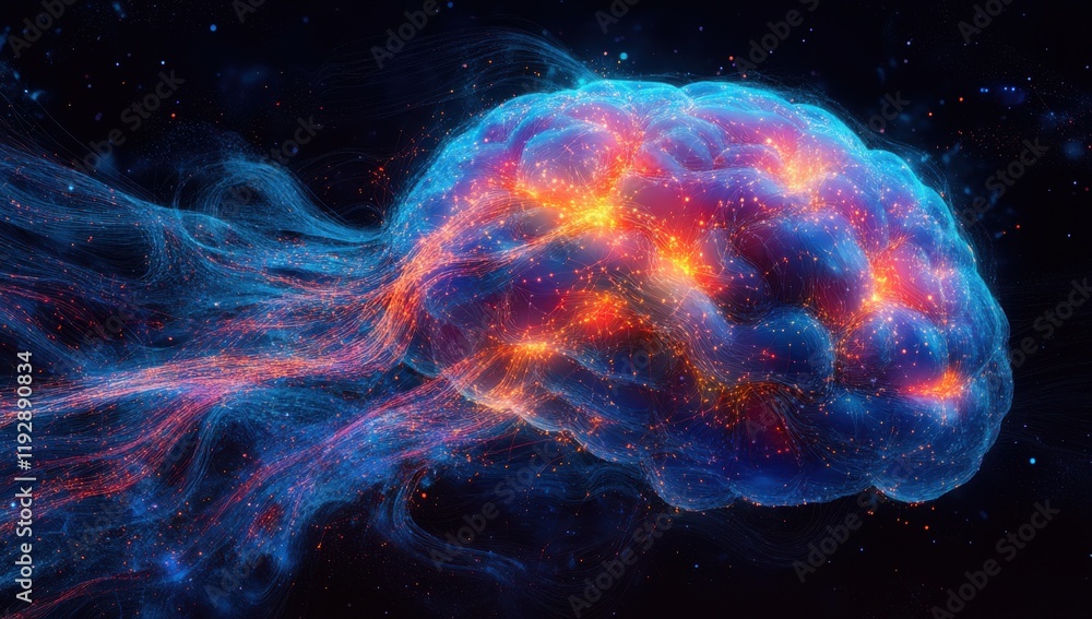 Poster vibrant abstract representation of a brain with colorful neural connections and energetic data flow 