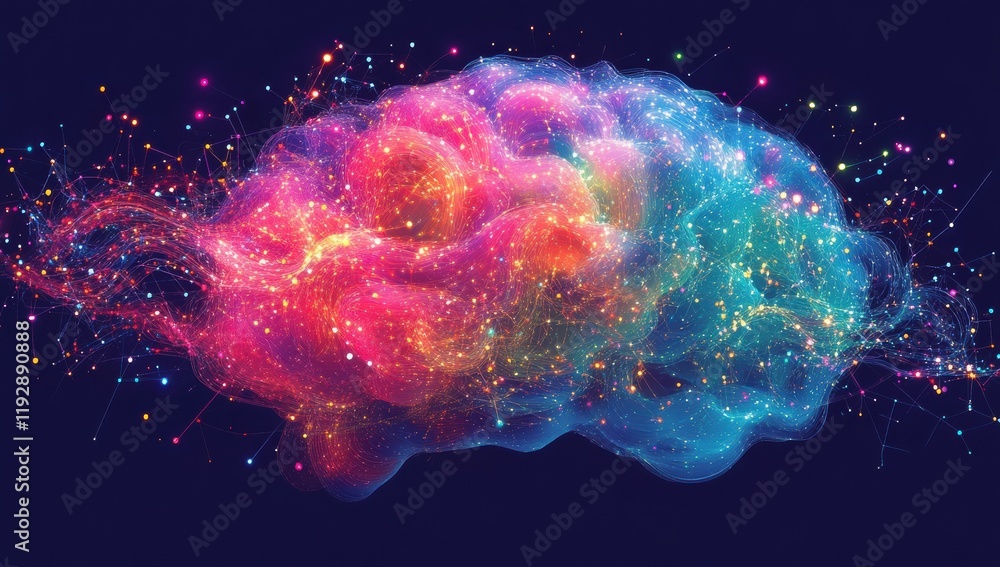 Poster vibrant abstract representation of a colorful brain with cosmic elements, illustrating creativity, t