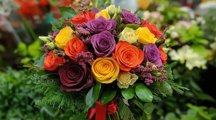 Vibrant Bouquet of Roses and Flowers in a Garden Setting with Rich Colors of Purple, Yellow, Orange, and Green Foliage for Celebrations and Events