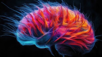 Obraz premium Vibrant Abstract Representation of a Human Brain with Colorful Swirls and Textures Against a Dark Background for Artistic and Scientific Use