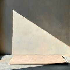 A minimalistic scene featuring a beige surface against a textured wall, illuminated by a sharp shadow cast from a light source.