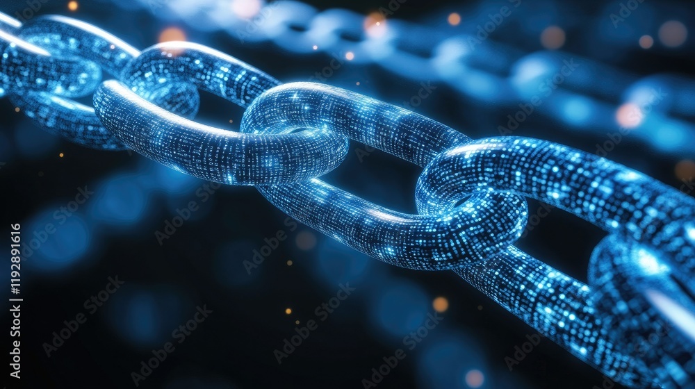Poster abstract representation of a digital chain link forming a blockchain system showcasing interconnecte