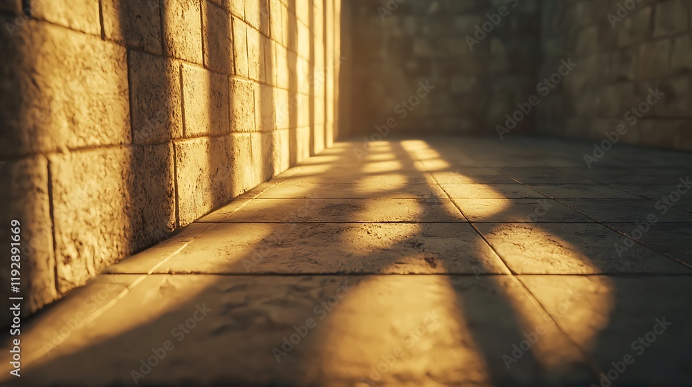 Poster a warm, illuminated space featuring textured stone walls and shadows cast on the floor, creating a s