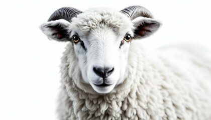 Fototapeta premium A Majestic White Sheep with Distinctive Curled Horns Against a Minimalist Background