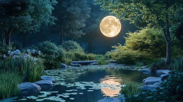 A tranquil pond reflects the glow of a full moon amidst lush, green foliage at night