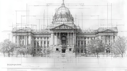 Architectural blueprint drawing of a classical government building with columns, dome, and landscaping.