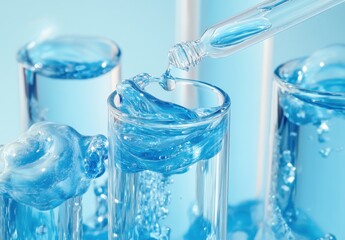 Vibrant Close-Up of a Glass Test Tube with Water and a Pipette, Capturing the Movement of Water Droplets and Bubbles in a Refreshing Blue Background