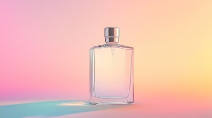 Square-shaped clear bottle with silver cap delicate pastel gradient background
