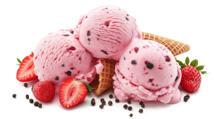  Pink strawberry ice cream scoops served on a waffle cone isolated on a transparent or white background