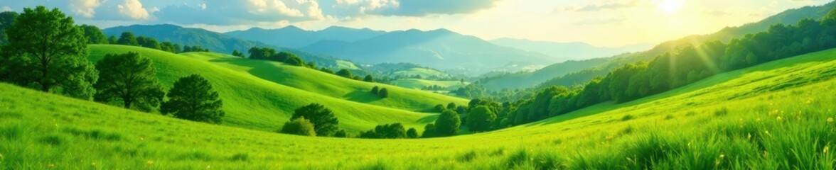 Obraz premium Rolling green hills, vibrant summer foliage, bright sunlight , organic, abundant, outdoor