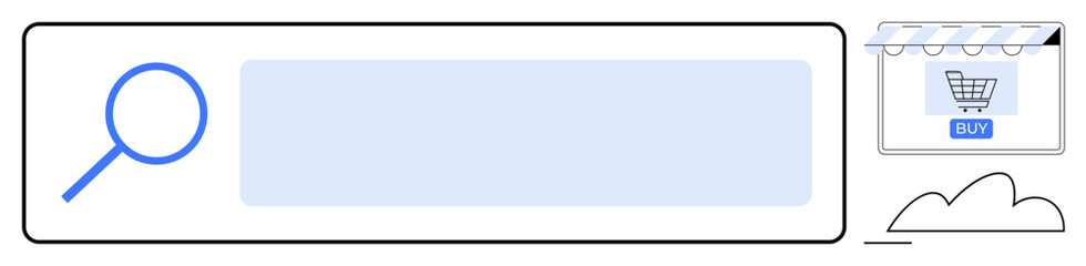 Magnifying glass for search, input bar, shopping cart icon in small web store interface, cloud icon. Ideal for e-commerce, web design, online shopping, digital marketing, user interface internet