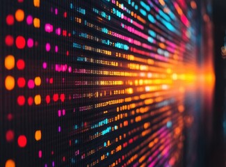 Obraz premium Vibrant Display of Colorful Lights and Digital Patterns Creating a Hypnotic Visual Experience in a Modern Technological Environment