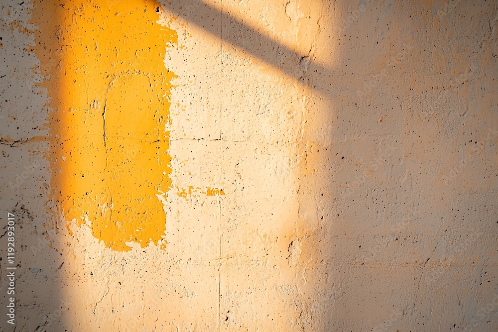 Aufkleber a textured wall features a patch of vibrant yellow paint illuminated by soft light, creating a warm 