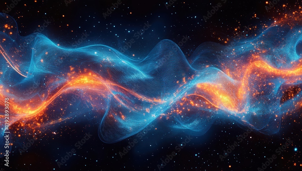 Poster vibrant flowing energy waves in a cosmic background with sparks and glowing particles representing d
