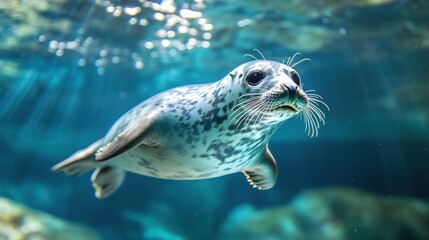 Fototapeta premium An underwater close-up of a young harbor seal swimming gracefully in clear blue water.