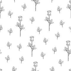 Seamless rose flower pattern with leaves. Floral background wallpaper. Vector illustration of doodle sketch elements.