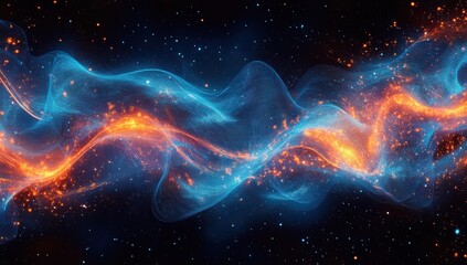 Obraz premium Vibrant Flowing Energy Waves in a Cosmic Background with Sparks and Glowing Particles Representing Dynamic Motion and Electromagnetic Phenomena